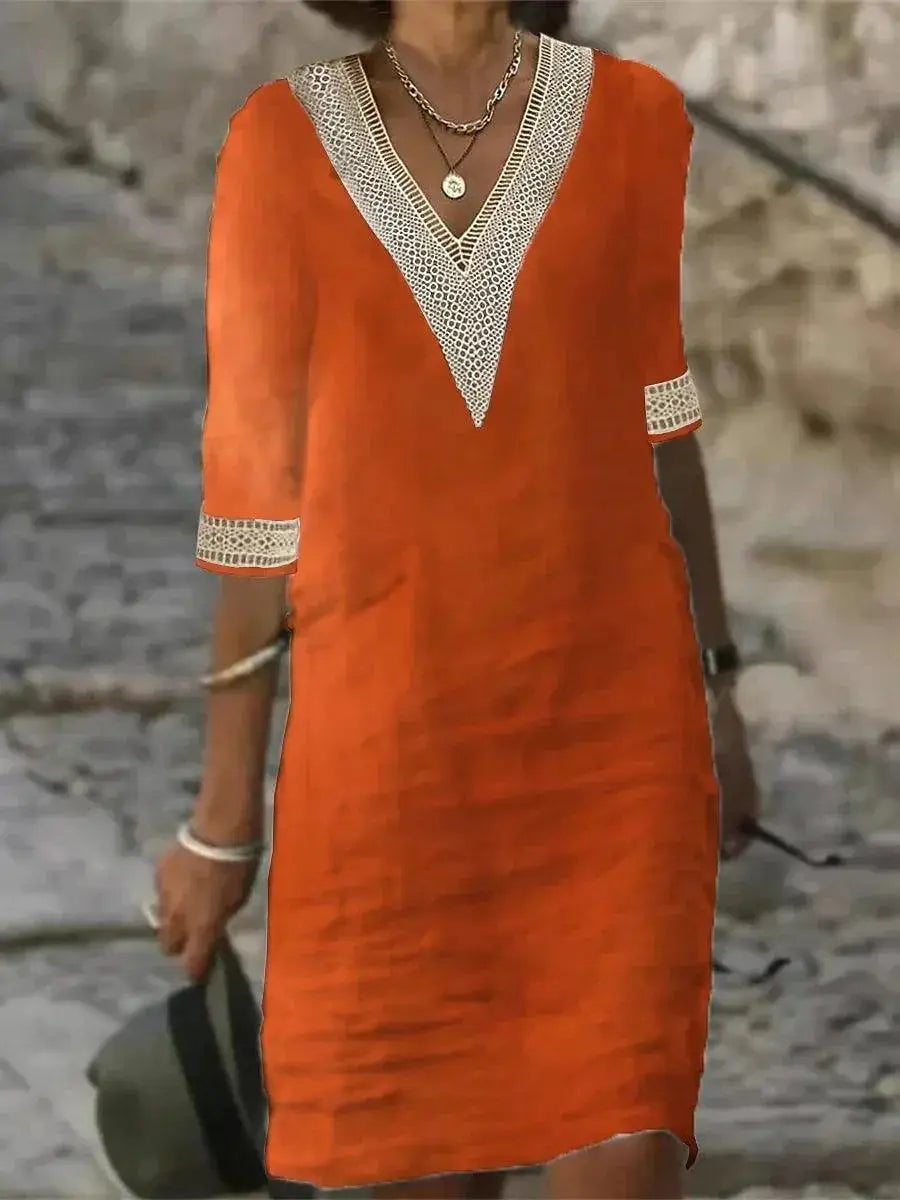 Elegant Lace V Neck Summer Dress Cotton Hemp Blend Fashion