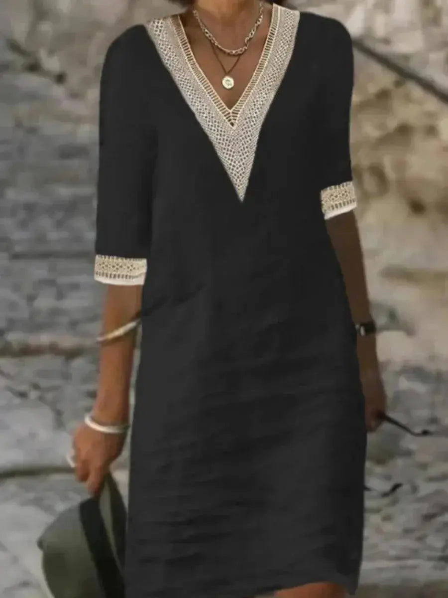 Elegant Lace V Neck Summer Dress Cotton Hemp Blend Fashion