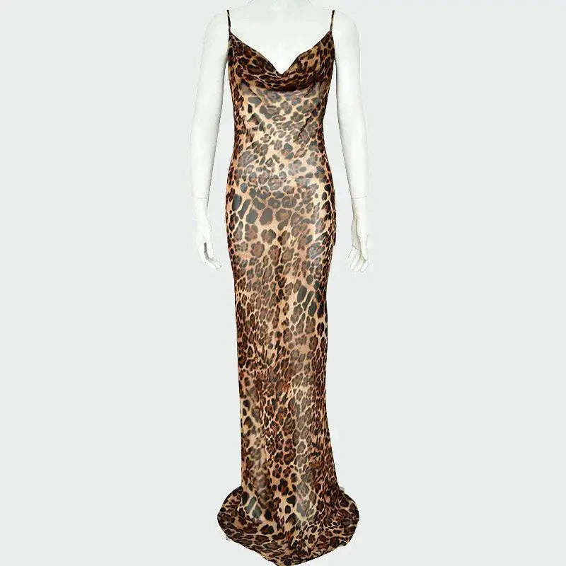 Elegant Leopard Print Suspender Dress for Evening Events