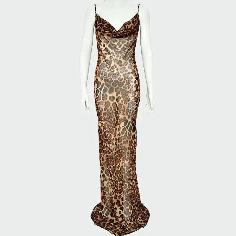 Elegant Leopard Print Suspender Dress for Evening Events