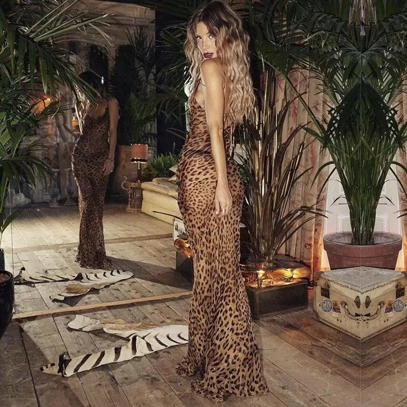 Elegant Leopard Print Suspender Dress for Evening Events