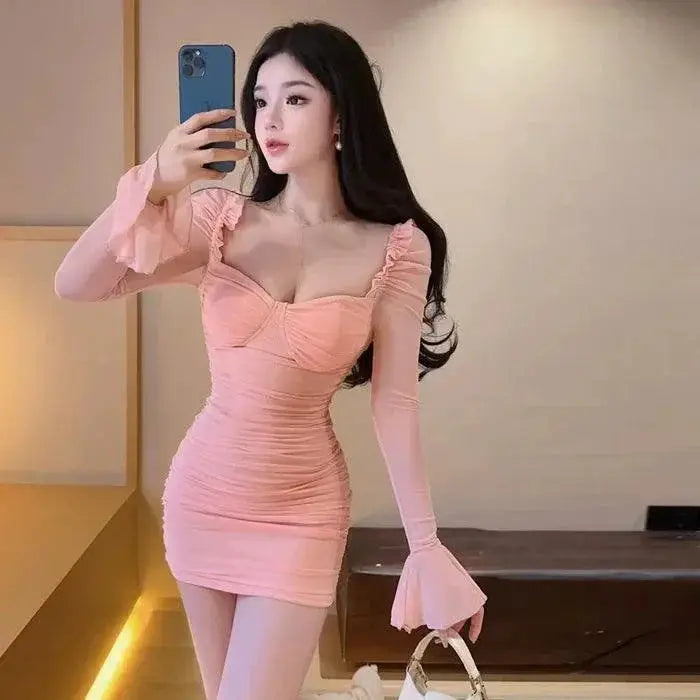Elegant Mesh Dress Square Neck Ruffle for Women Summer