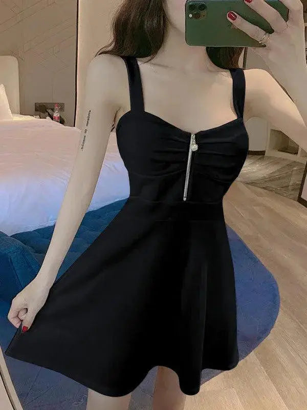 Elegant Mesh Red Strap A Line Ruffled Dress Korean Style