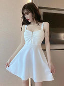Elegant Mesh Red Strap A-line Ruffled Dress Korean Style Chic