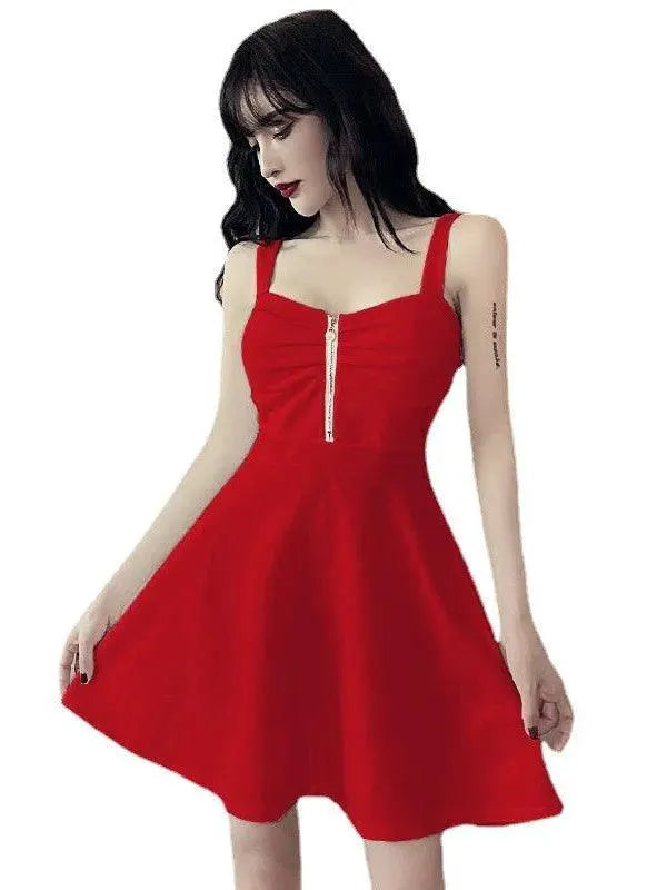 Elegant Mesh Red Strap A Line Ruffled Dress Korean Style