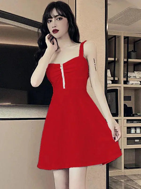 Elegant Mesh Red Strap A Line Ruffled Dress Korean Style