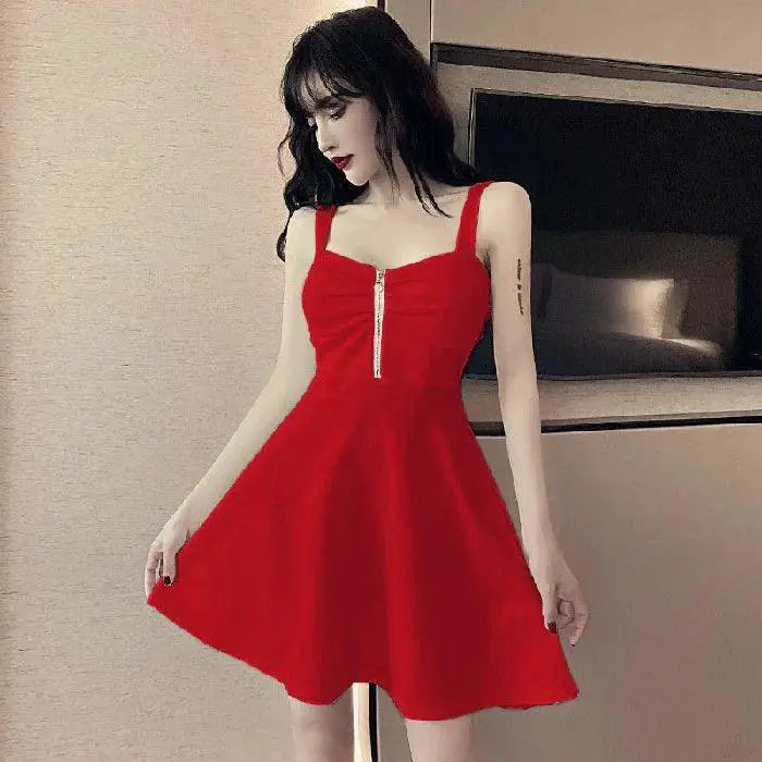 Elegant Mesh Red Strap A Line Ruffled Dress Korean Style