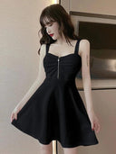 Elegant Mesh Red Strap A-line Ruffled Dress Korean Style Chic