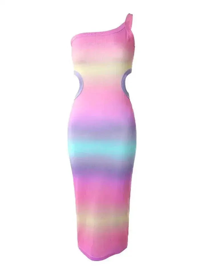 Elegant Ombre One Shoulder Ribbed Bodycon Midi Dress