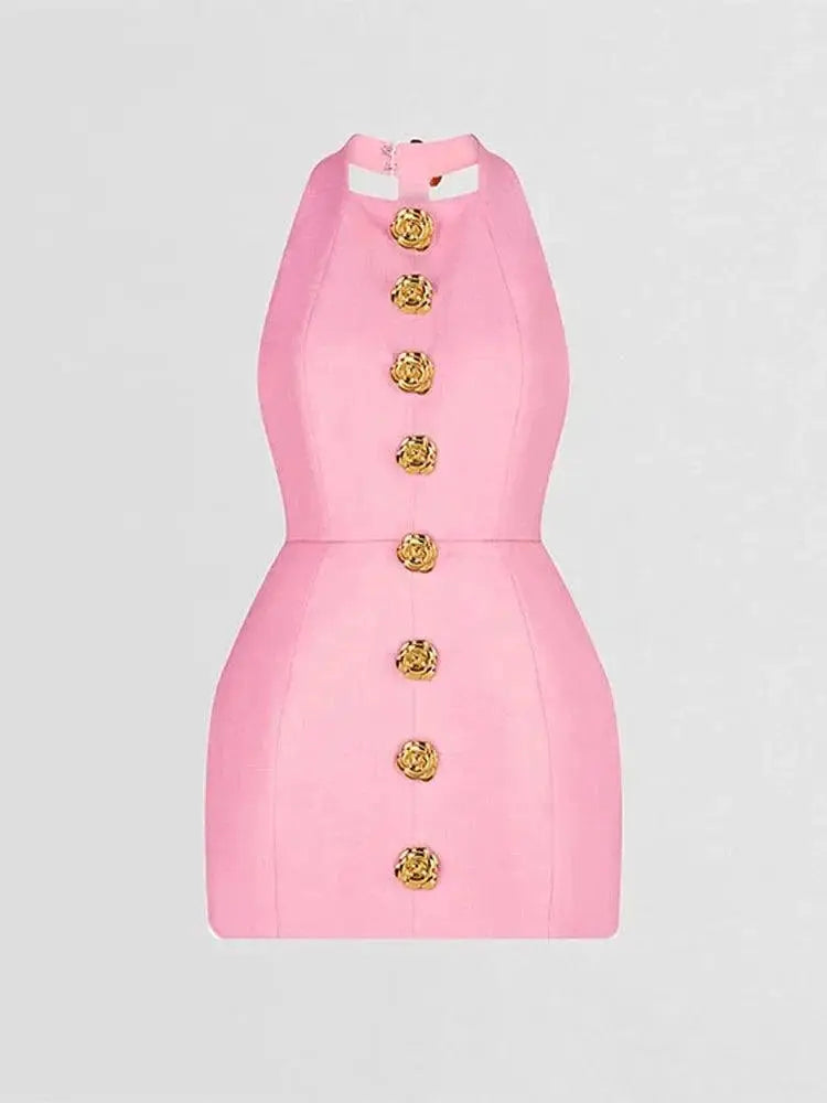 Elegant Pink Halter Backless Dress Stylish Lady Party Attire