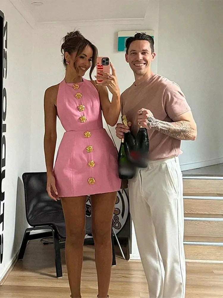 Elegant Pink Halter Backless Dress Stylish Lady Party Attire