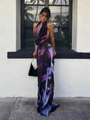 Elegant Purple Print Halter Maxi Dress Stylish Beachwear