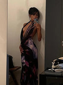 Elegant Purple Print Halter Maxi Dress Stylish Beachwear