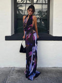 Elegant Purple Print Halter Maxi Dress Stylish Beachwear