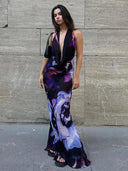Elegant Purple Print Halter Maxi Dress Stylish Beachwear