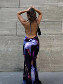 Elegant Purple Print Halter Maxi Dress Stylish Beachwear