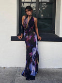Elegant Purple Print Halter Maxi Dress Stylish Beachwear