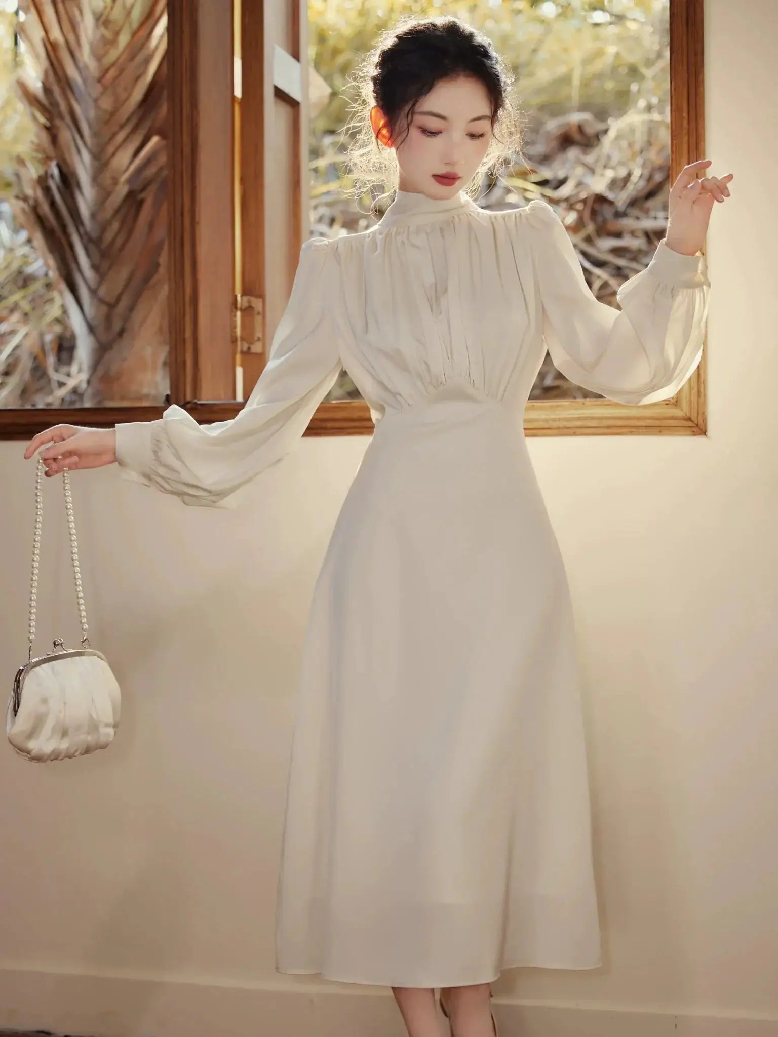 Elegant Retro Dress Sophisticated High Waist Long Sleeve