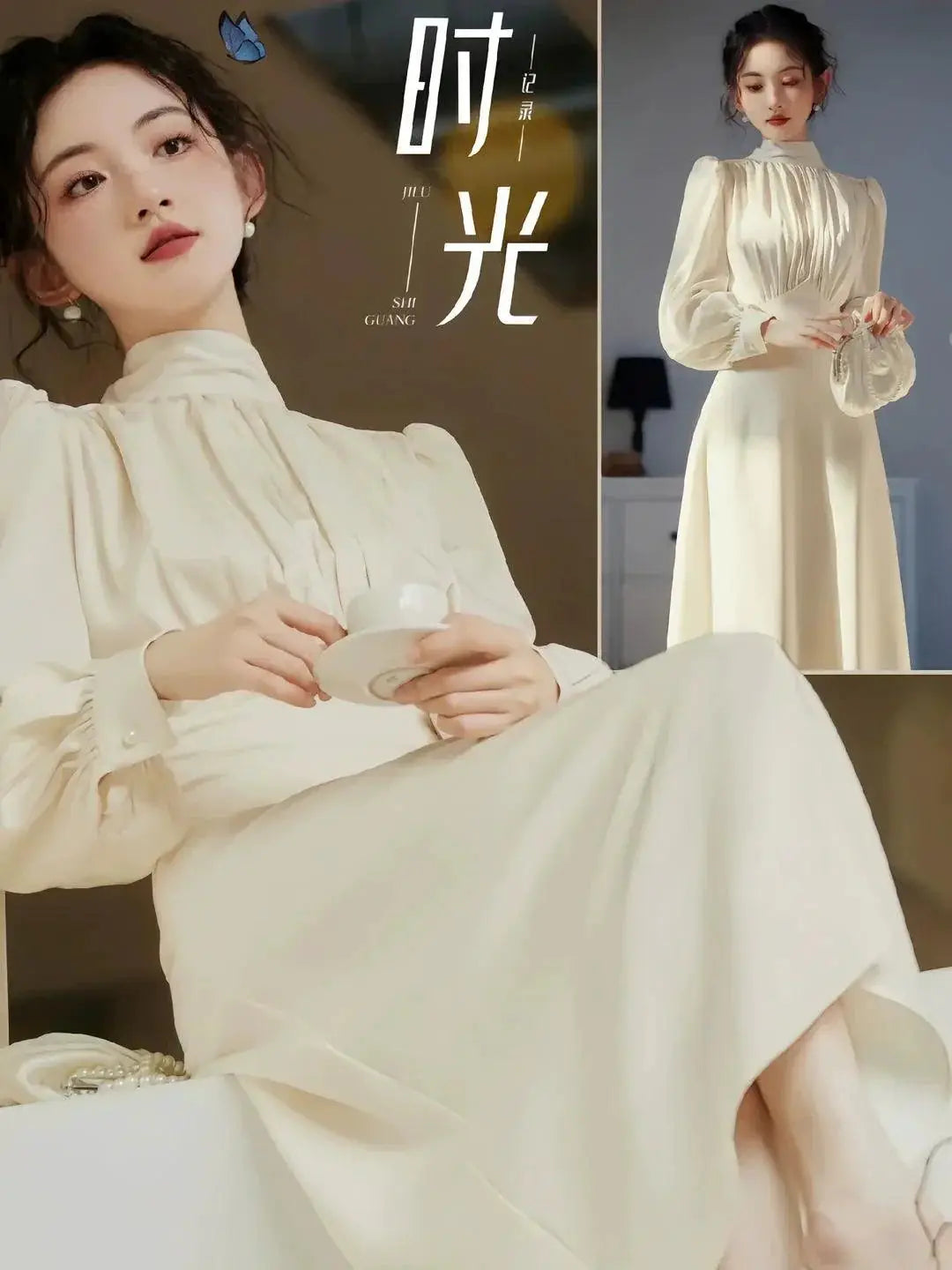 Elegant Retro Dress Sophisticated High Waist Long Sleeve
