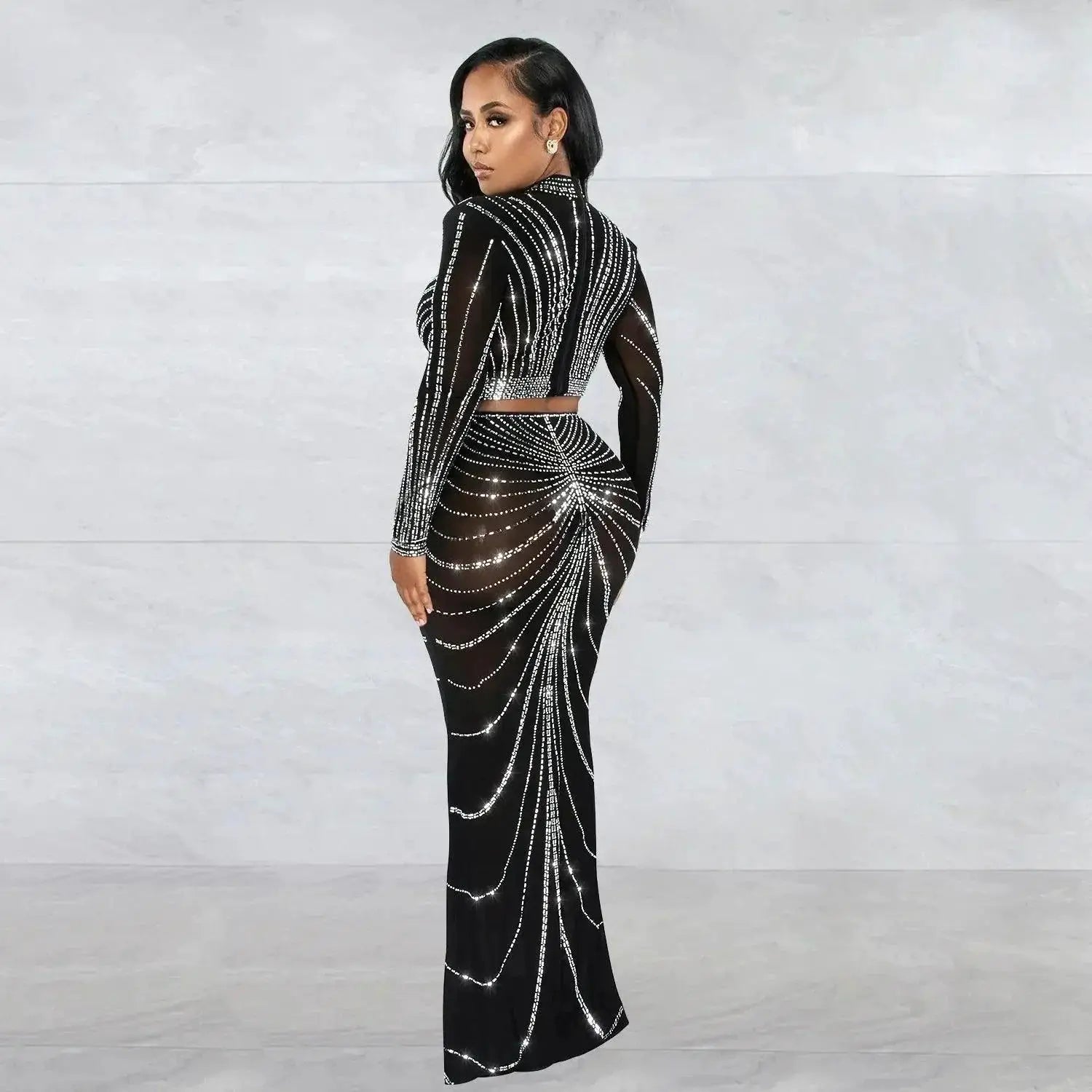 Elegant Rhinestone Mesh Maxi Dress For Women Clubwear