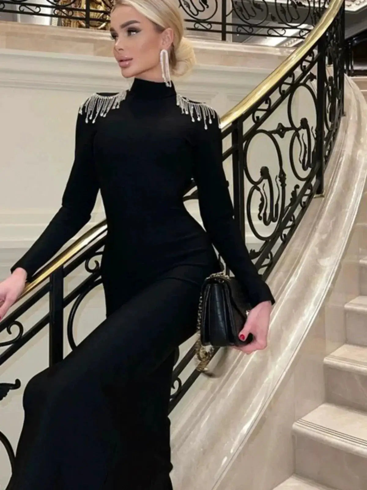 Elegant Rhinestone Tassel Gown Palace Dress For Evening