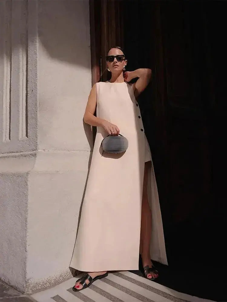 Elegant Split Midi Dress Stylish Women Summer Beach Fashion