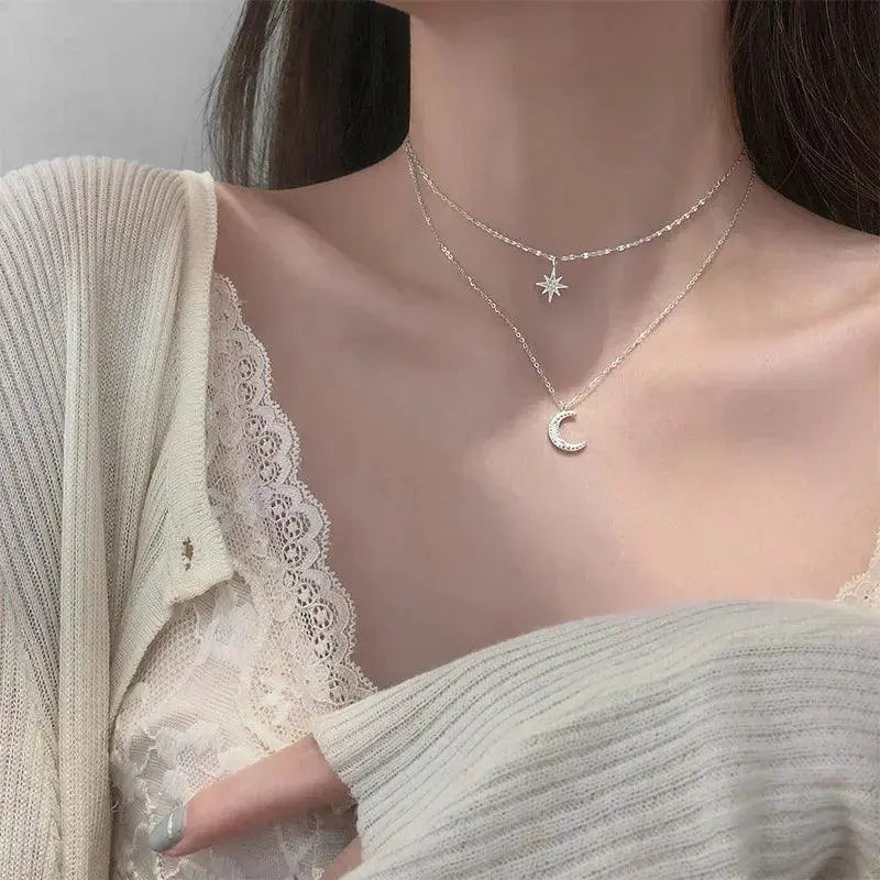 Star Moon Double Layer Necklace for Women Chic Fashion
