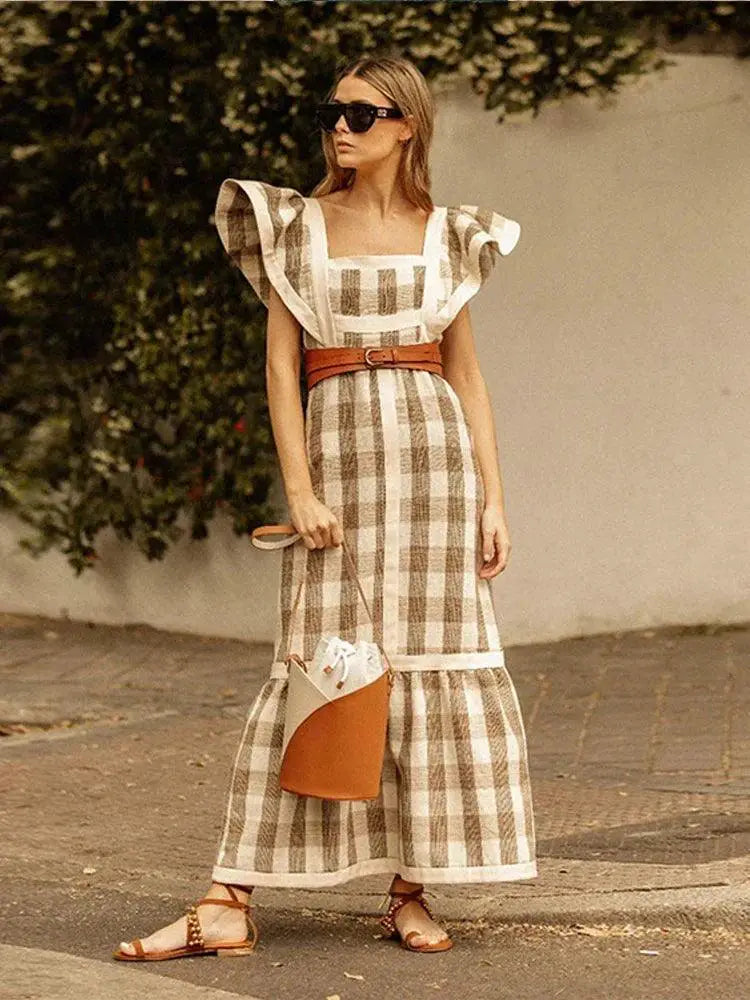 Elegant Striped Long Dress Stylish Square Collar Robe