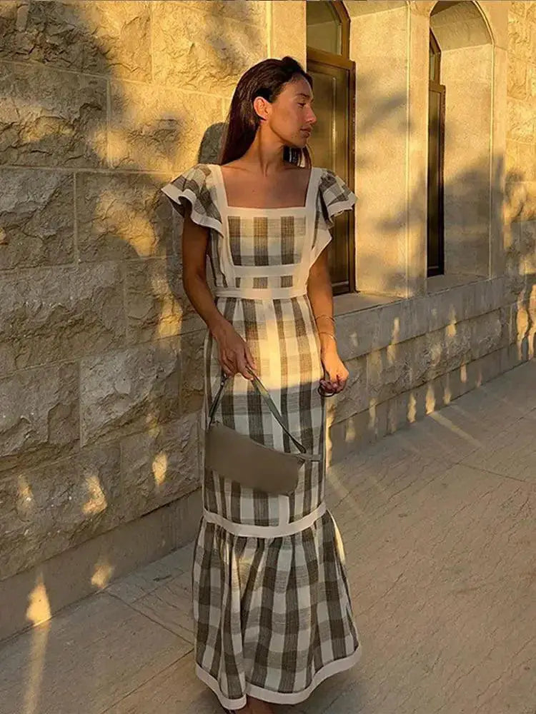 Elegant Striped Long Dress Stylish Square Collar Robe