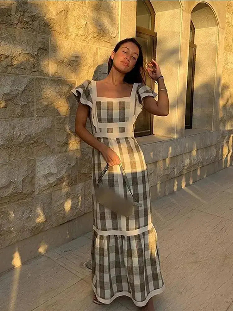 Elegant Striped Long Dress Stylish Square Collar Robe