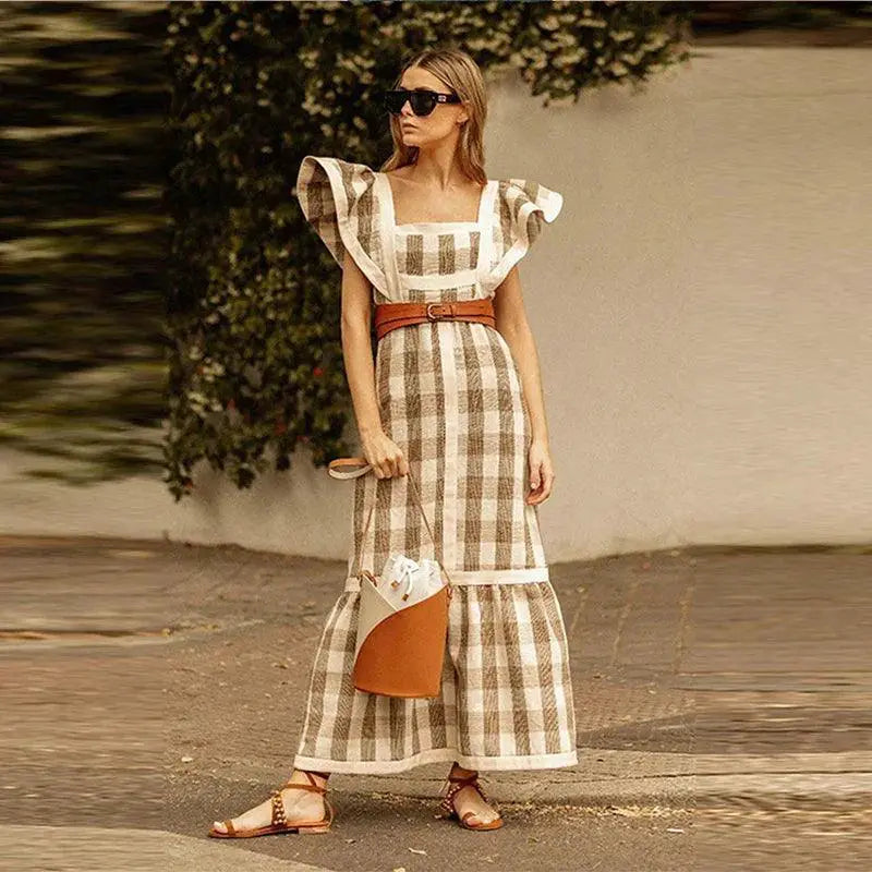 Elegant Striped Long Dress Stylish Square Collar Robe