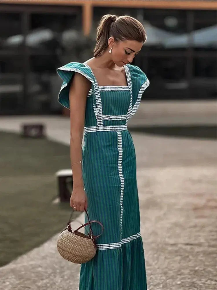 Elegant Striped Long Dress Stylish Square Collar Robe