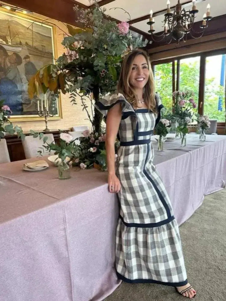 Elegant Striped Long Dress Stylish Square Collar Robe
