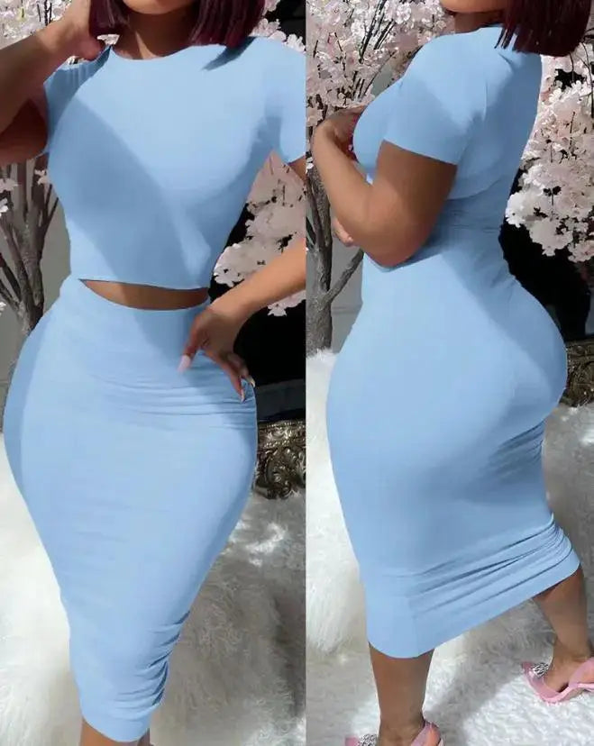 Elegant Summer Two Piece Set Chic High Waist Skirt Top