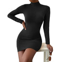 Elegant Turtleneck Pleated Mini Dress for Women Ages 40-55
