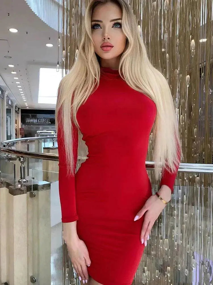 Elegant Turtleneck Pleated Mini Dress For Women 40 To 55
