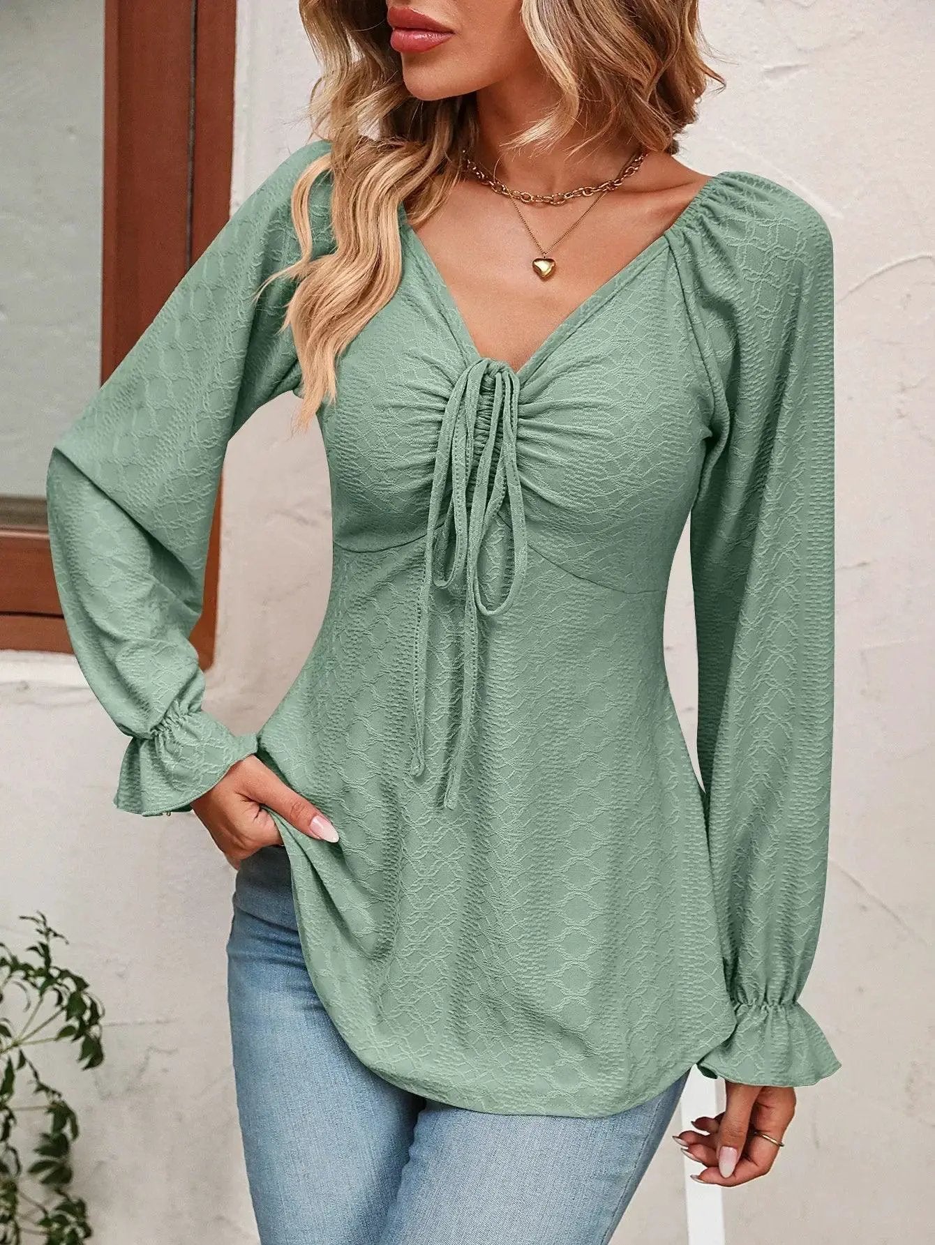 Elegant V Neck Drawstring Blouse For Everyday Chic