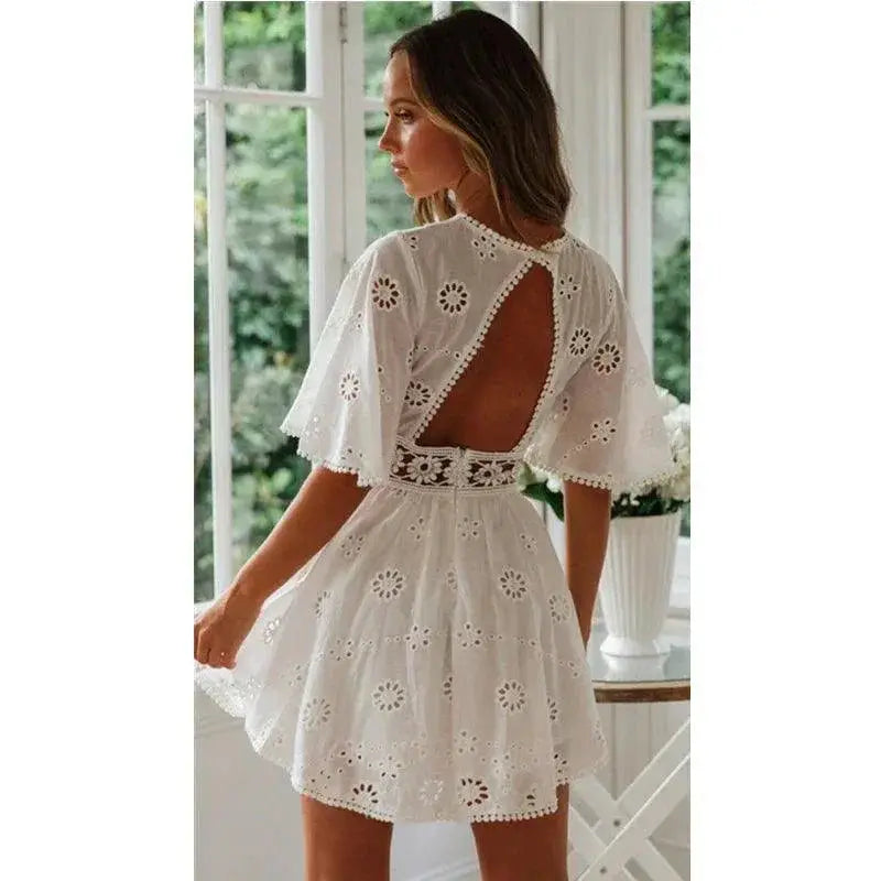Elegant White Cotton Embroidered Summer Dress Chic Piece