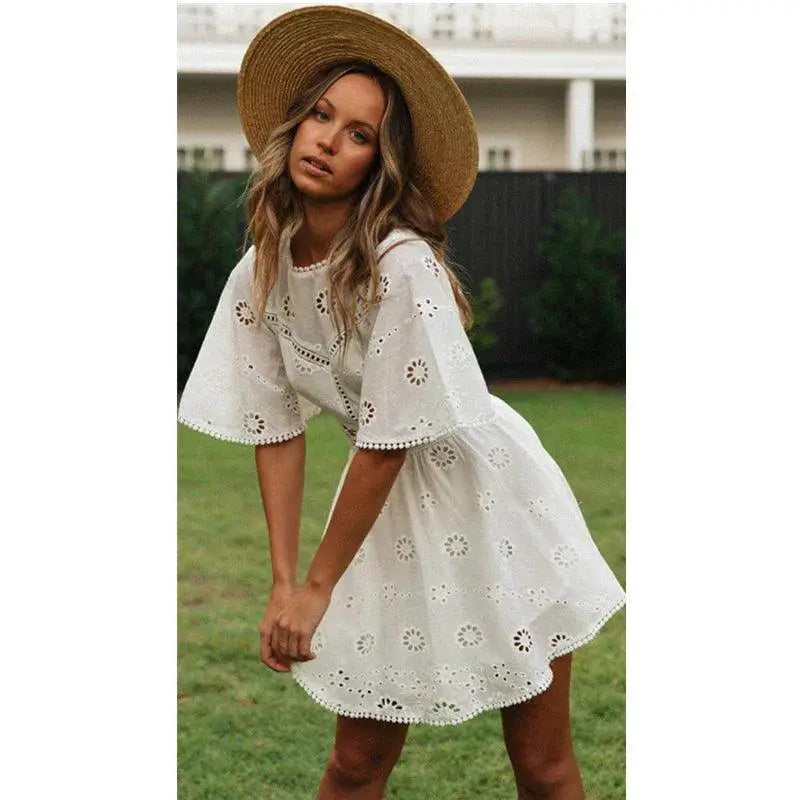 Elegant White Cotton Embroidered Summer Dress Chic Piece