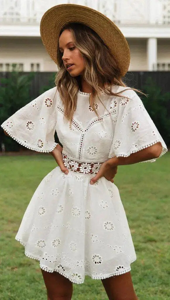 Elegant White Cotton Embroidered Summer Dress Chic Piece