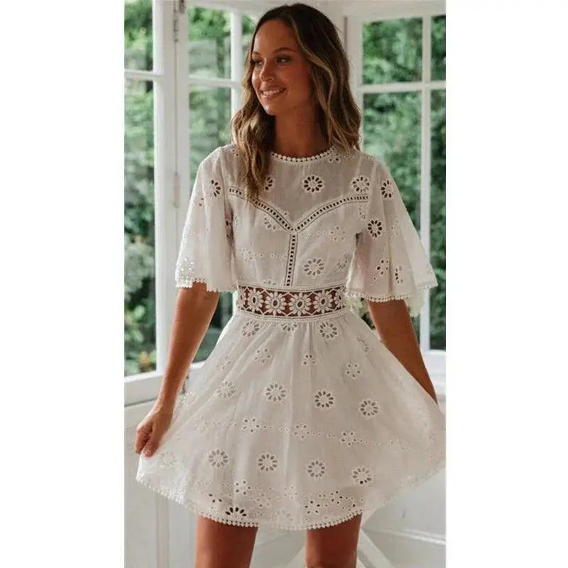 Elegant White Cotton Embroidered Summer Dress Chic Piece