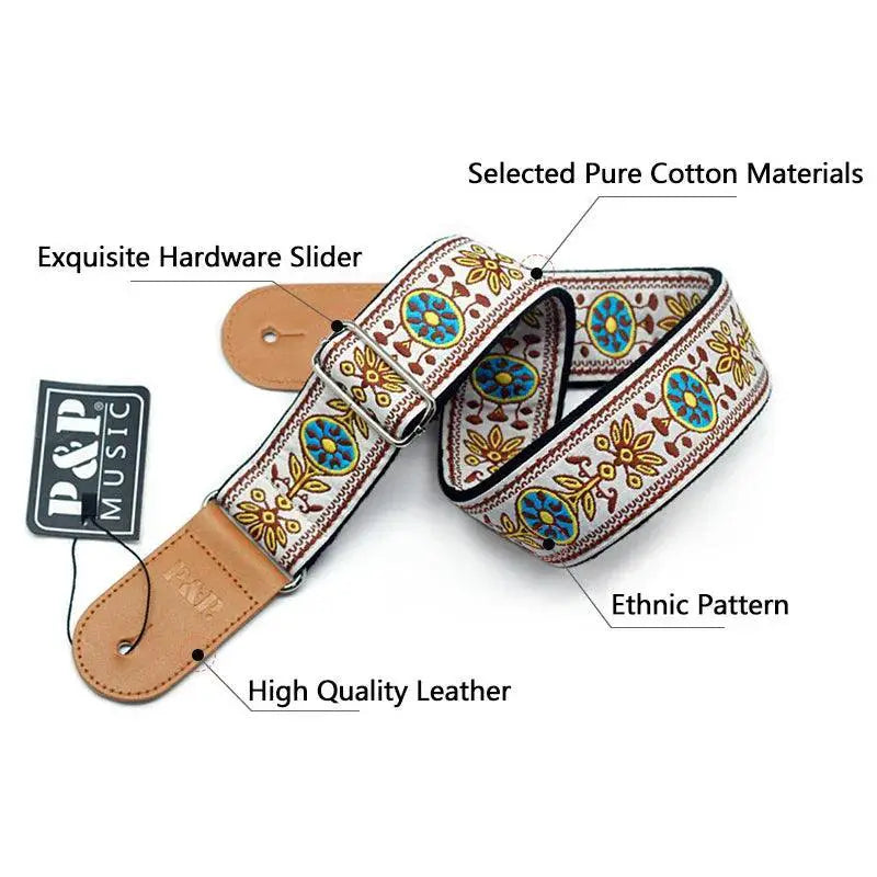 Embroidered Guitar Strap Vintage Flowers Adjustable Cotton