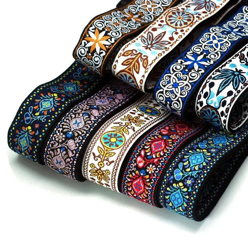 Embroidered Guitar Strap Vintage Flowers Adjustable Cotton