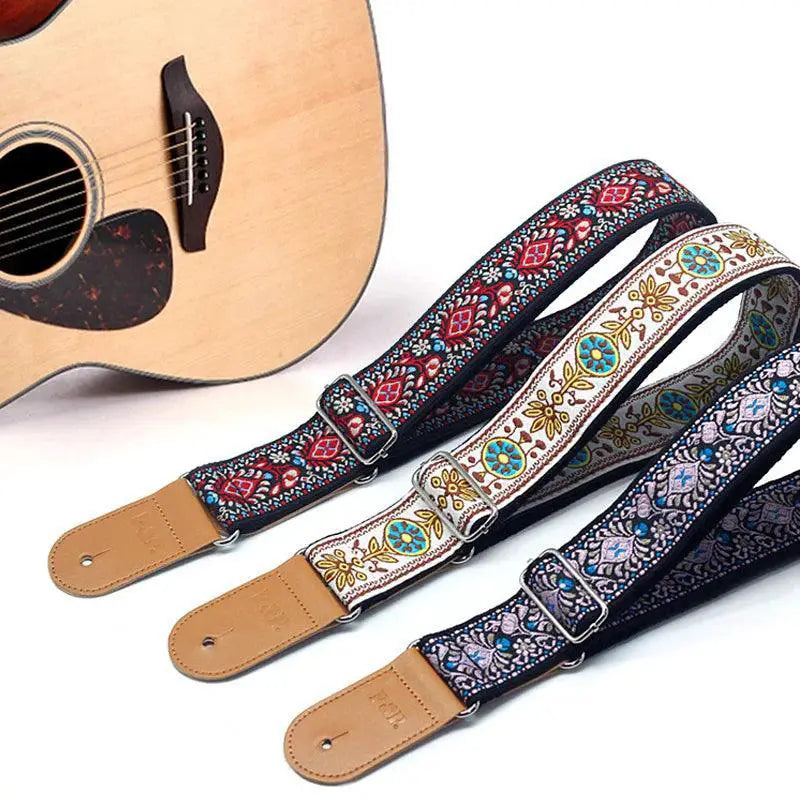 Embroidered Guitar Strap Vintage Flowers Adjustable Cotton