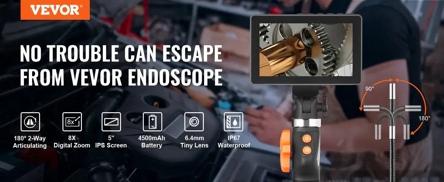 Articulating Borescope Camera With Light 5 Inch Screen