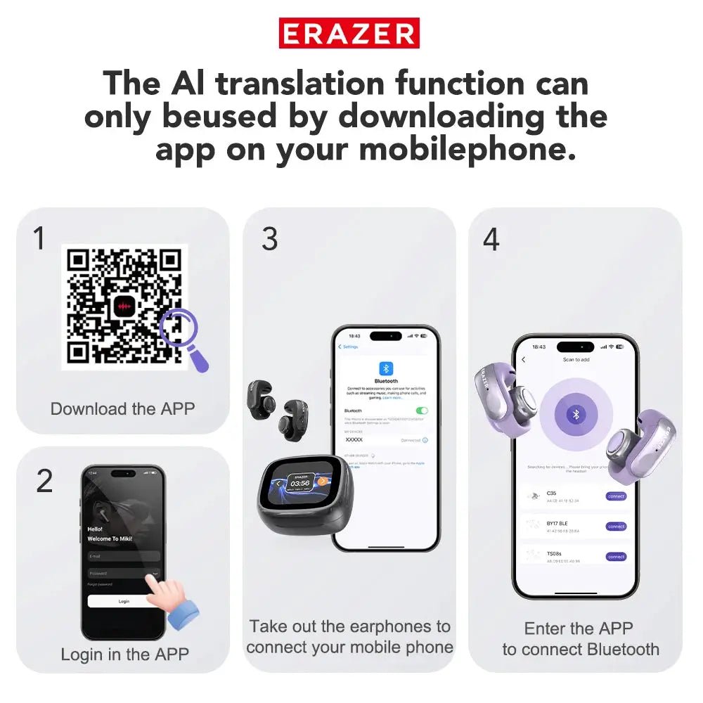 Erazer Real Time Translation Earbuds Travel Open Ear