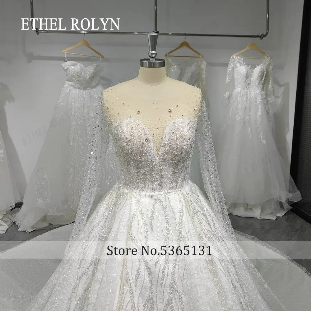 Ethel Rolyn Luxury Glitter Wedding Dress Long Sleeve Backless Gown Fairy Bride
