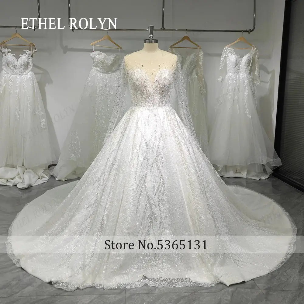 Ethel Rolyn Luxury Glitter Wedding Dress Long Sleeve Backless Gown Fairy Bride