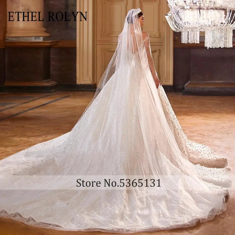 Ethel Rolyn Luxury Glitter Wedding Dress Long Sleeve Backless Gown Fairy Bride