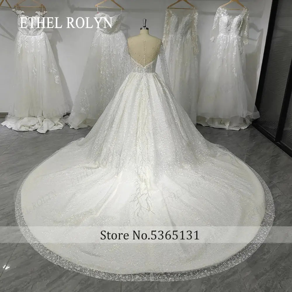 Ethel Rolyn Luxury Glitter Wedding Dress Long Sleeve Backless Gown Fairy Bride